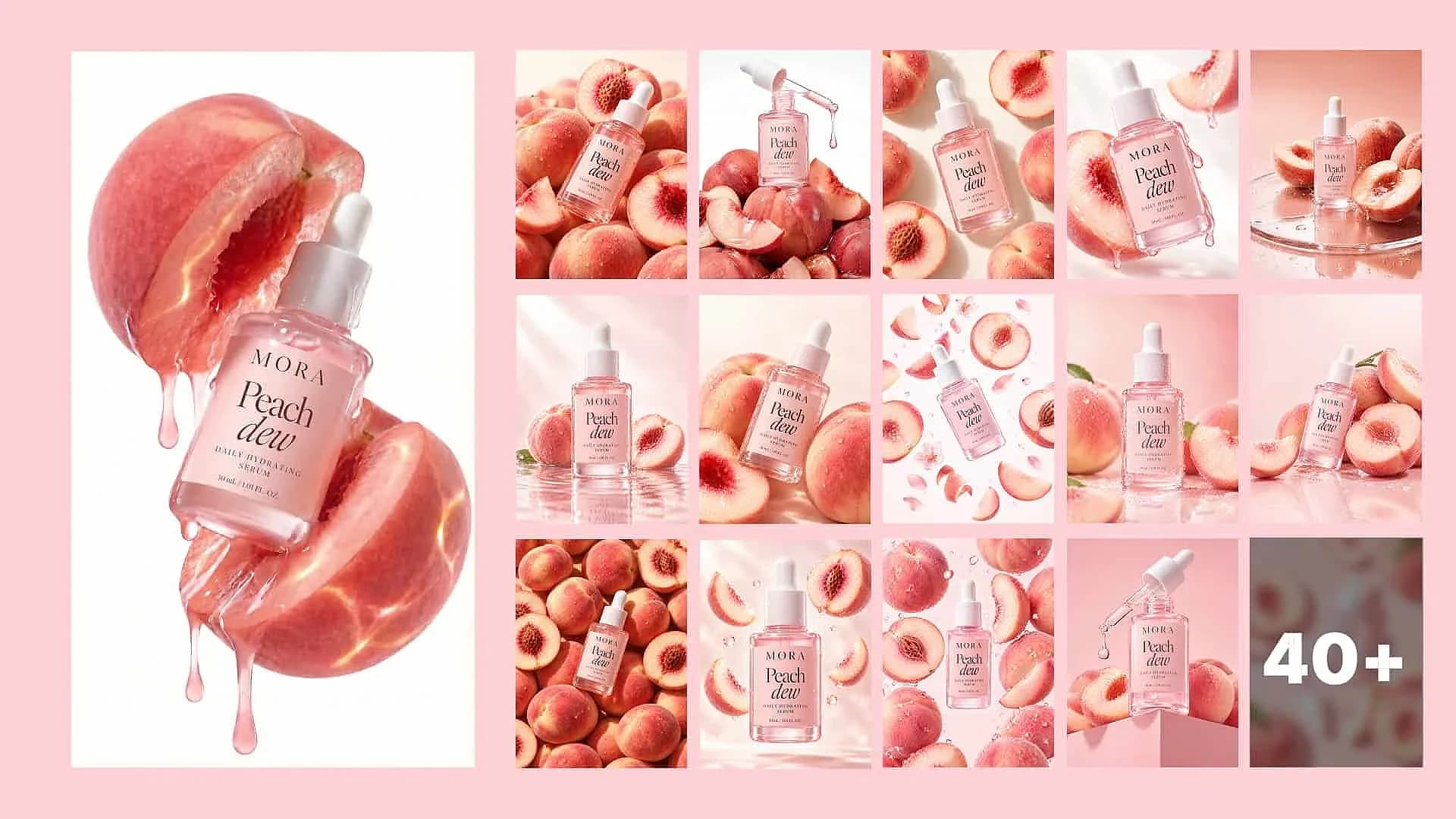 Pink perfume bottle reference alongside variations of product scenes