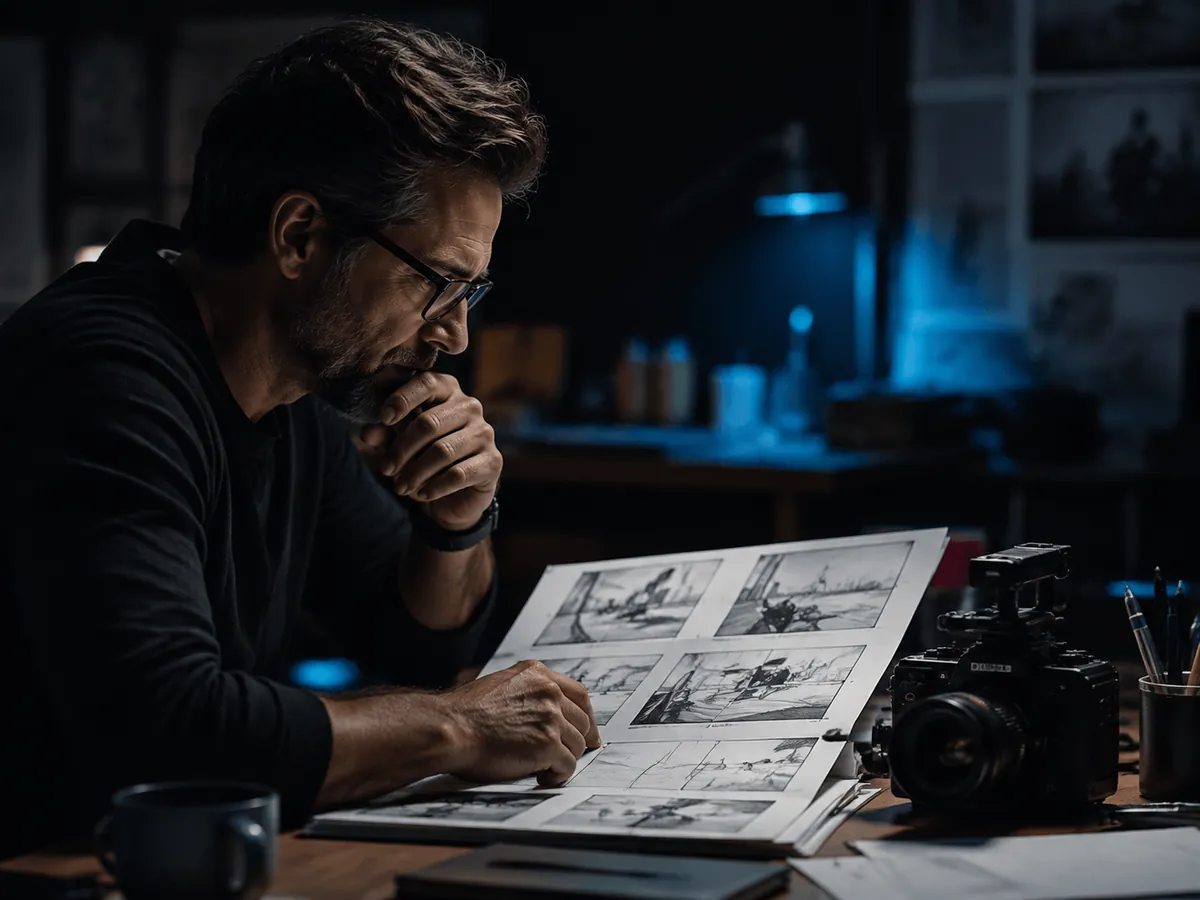 Director reviewing storyboard frames beside a cinema camera