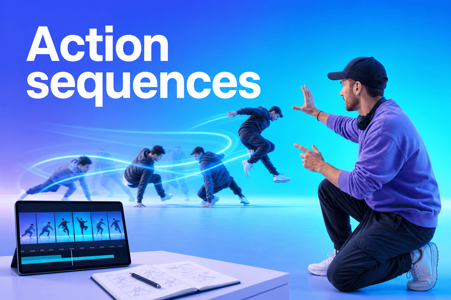 Director choreographing dynamic action sequences with AI video generation