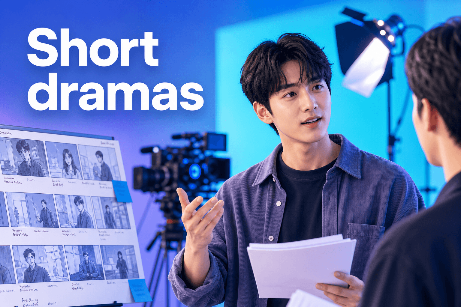 Actor on a cinematic set planning multi-scene short drama with HappyHorse 1.1