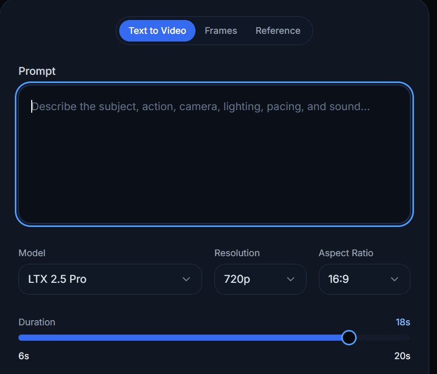 LTX 2.5 prompt, model, resolution, aspect ratio, and duration settings