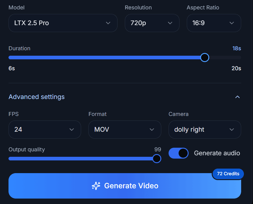 LTX 2.5 advanced settings and Generate Video button