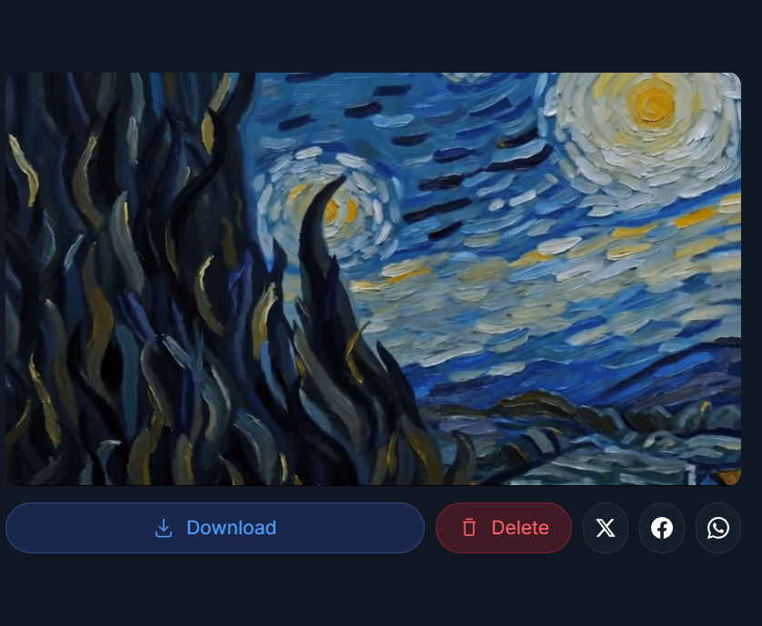 Generated LTX 2.5 video with download and sharing actions