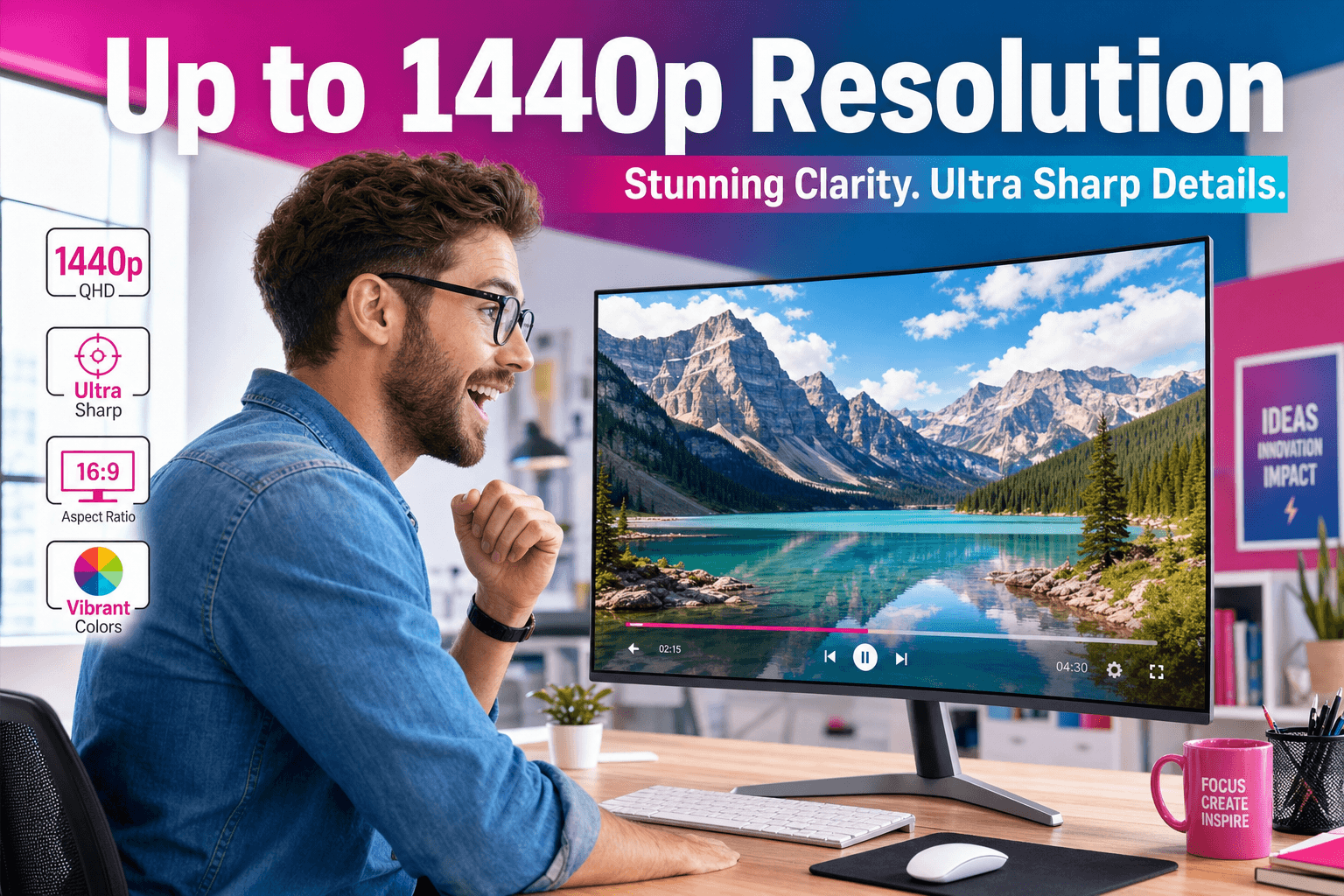Person viewing sharp high-resolution monitor — Seedance 2.1 1440p output