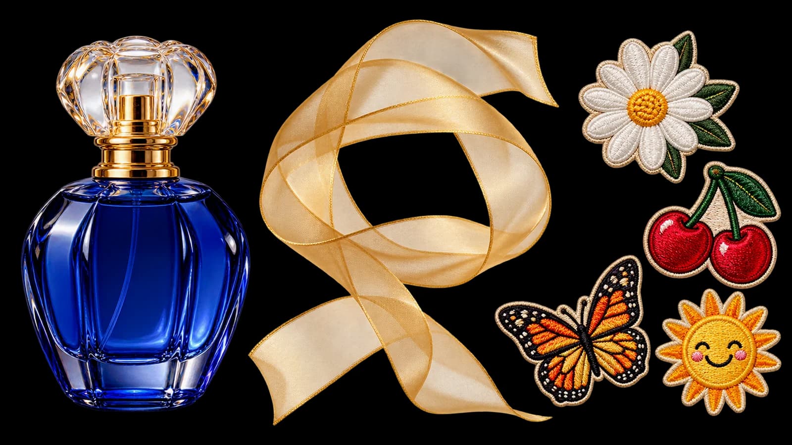Transparent asset collection with a glass bottle, translucent ribbon and embroidered stickers