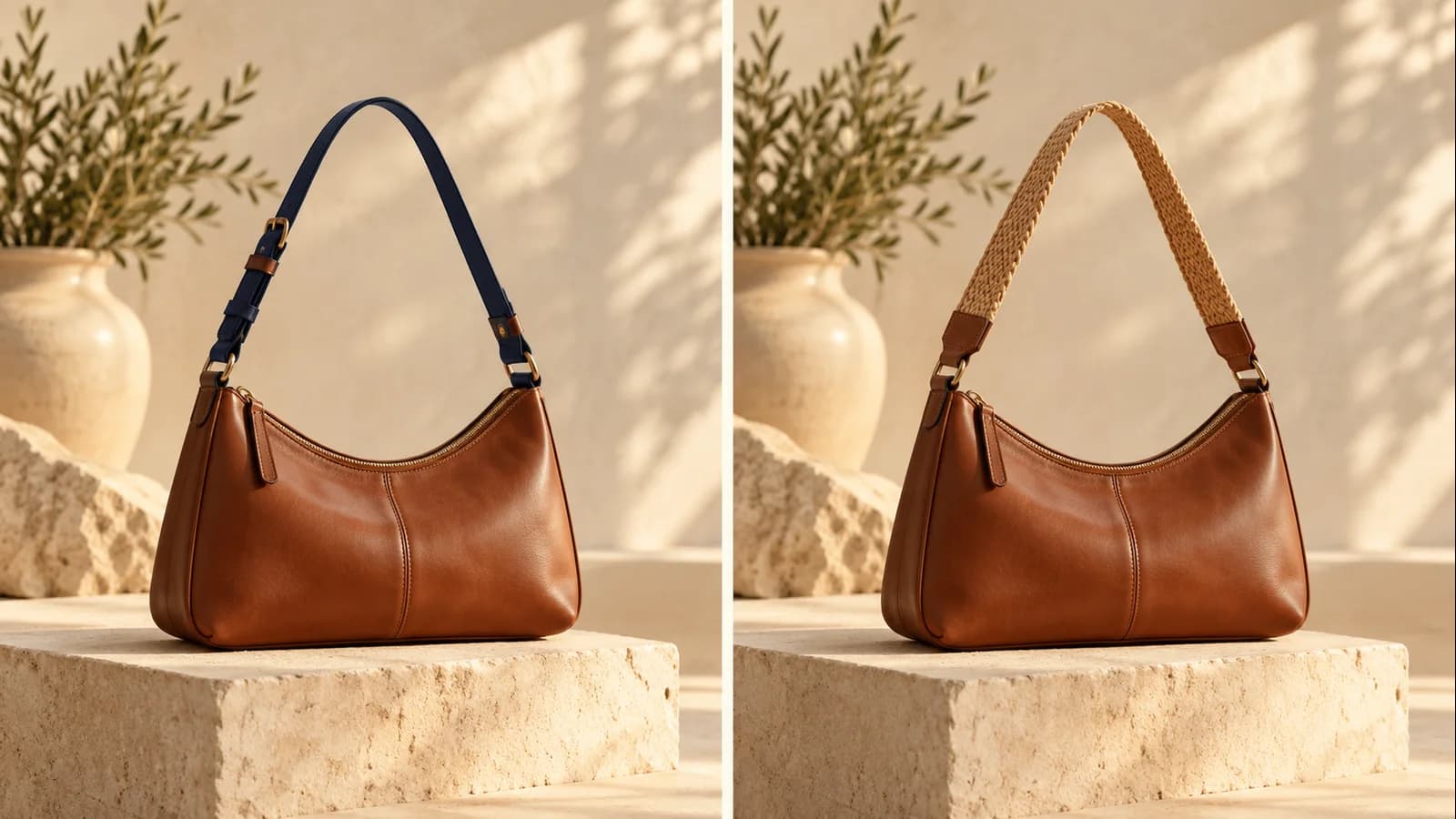 Handbag editing concept showing a navy strap changed to woven tan