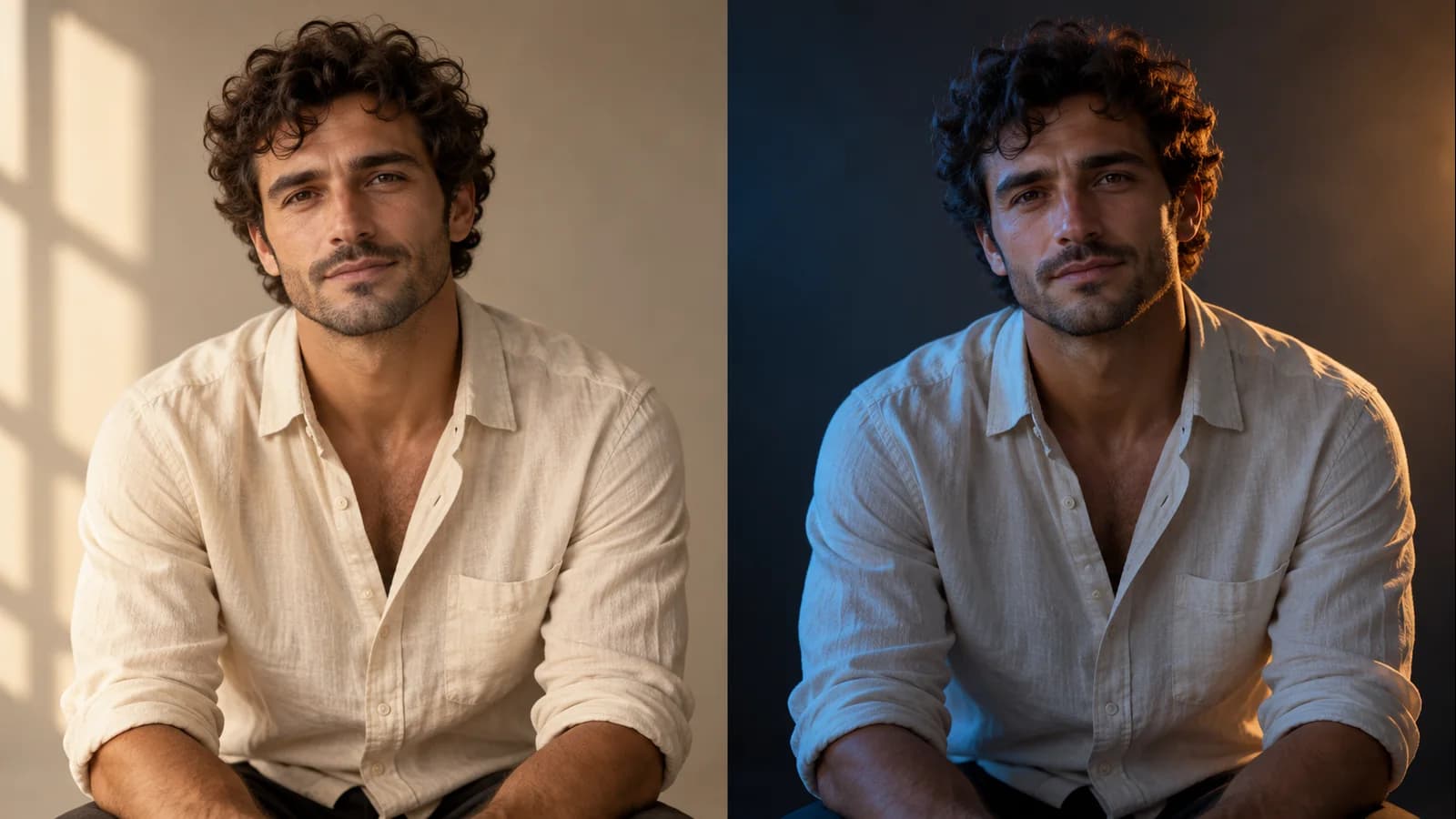 Portrait lighting concept comparing warm daylight with cinematic blue side light