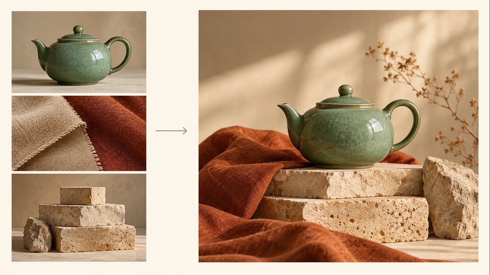 Subject, palette and composition reference images combined into a teapot scene