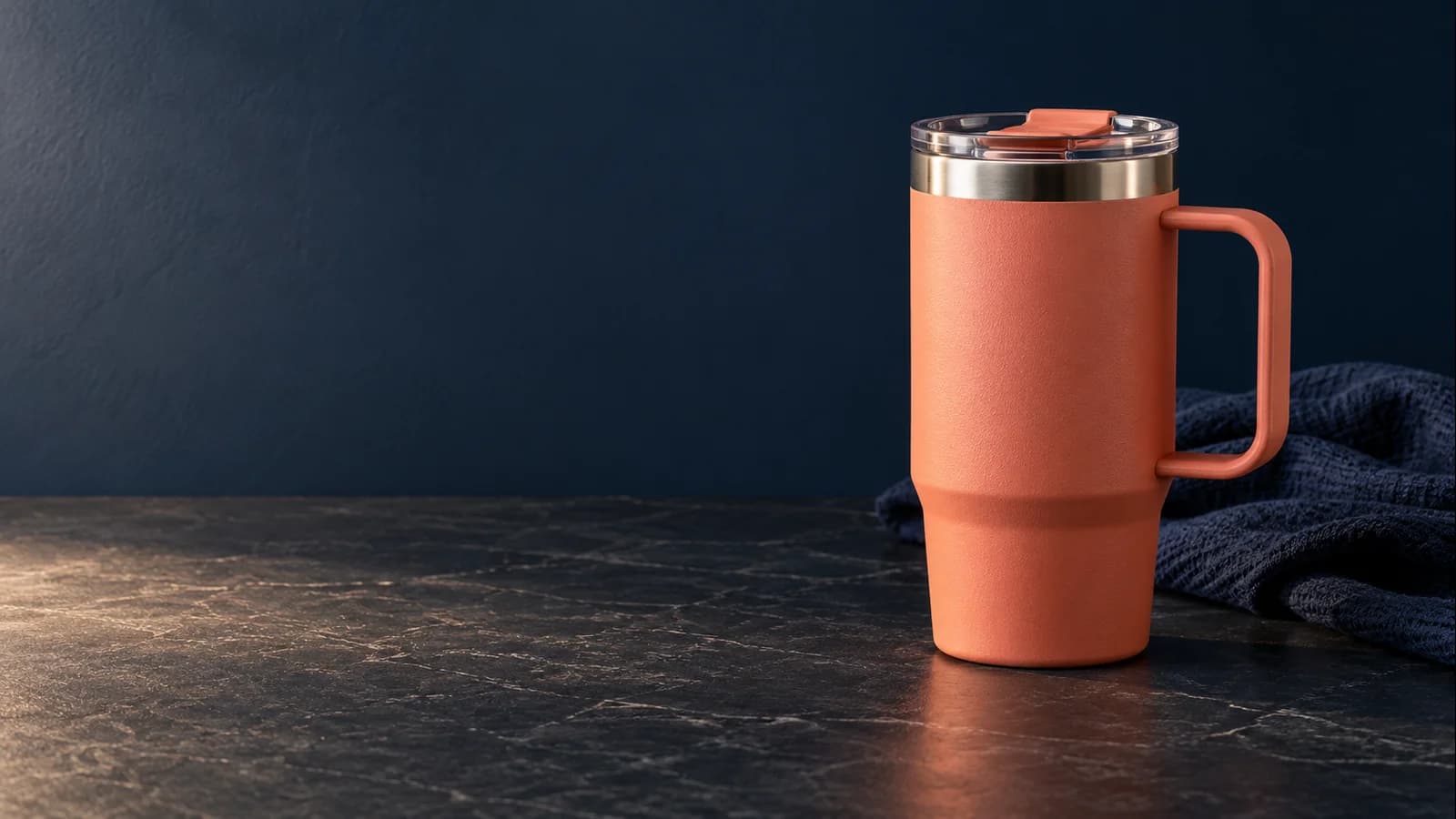 Coral travel mug campaign image with empty space on the left