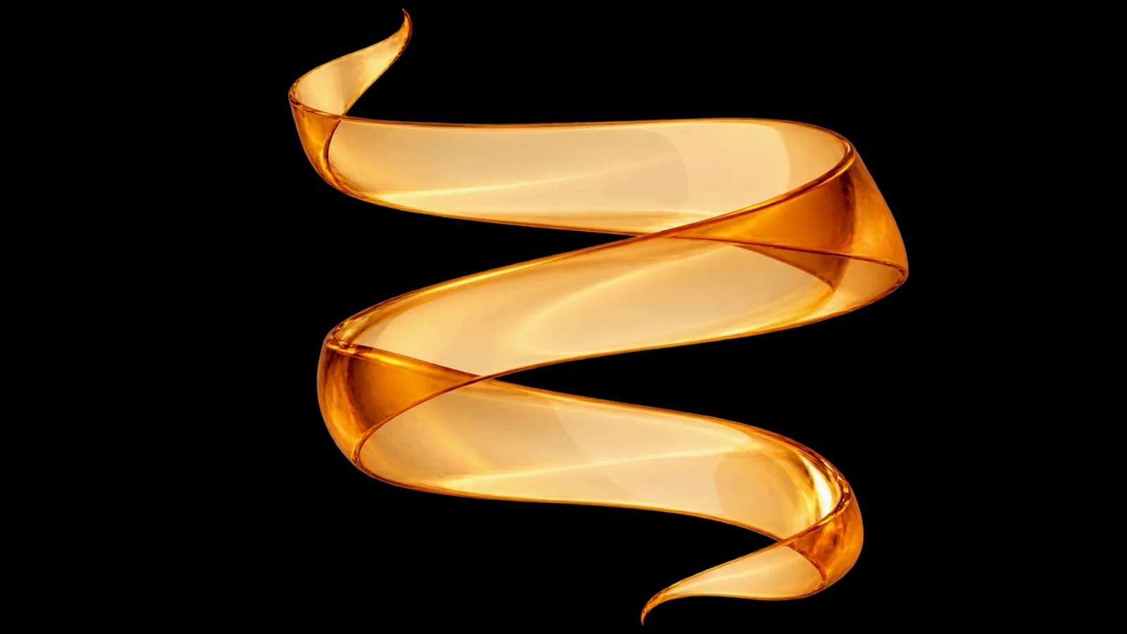 Isolated amber spiral ribbon with translucent overlapping surfaces