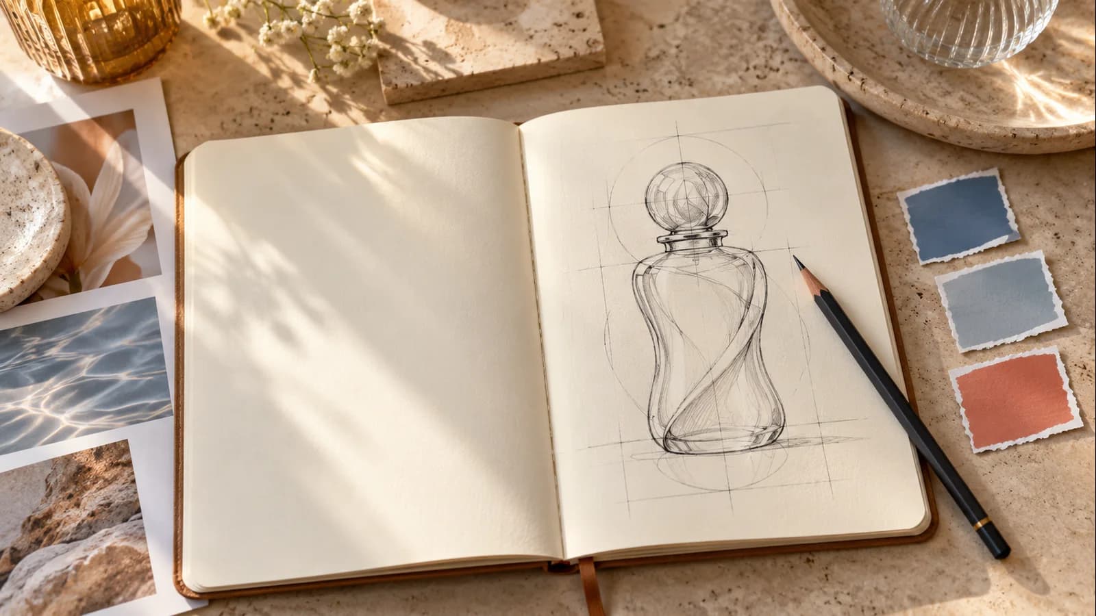 Notebook composition sketch and color swatches for planning an image brief