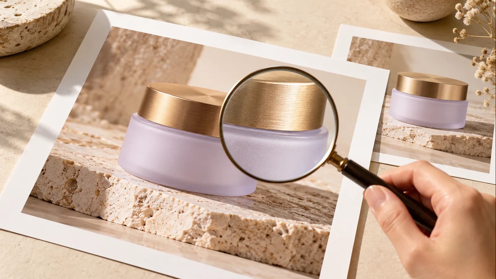 Magnifying glass checking material details in a finished product image