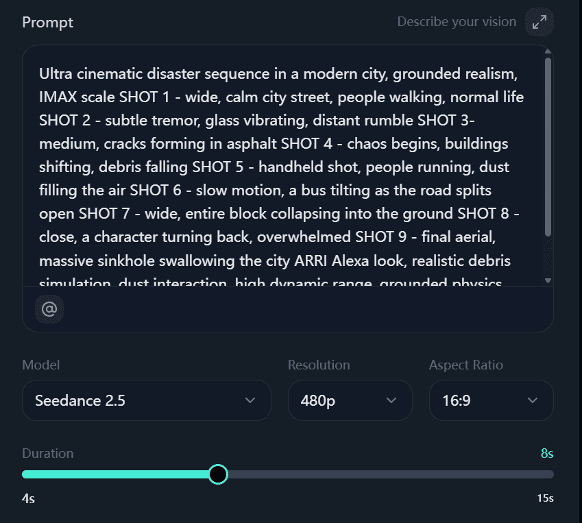 Write a Seedance 2.5 video prompt and choose generation settings
