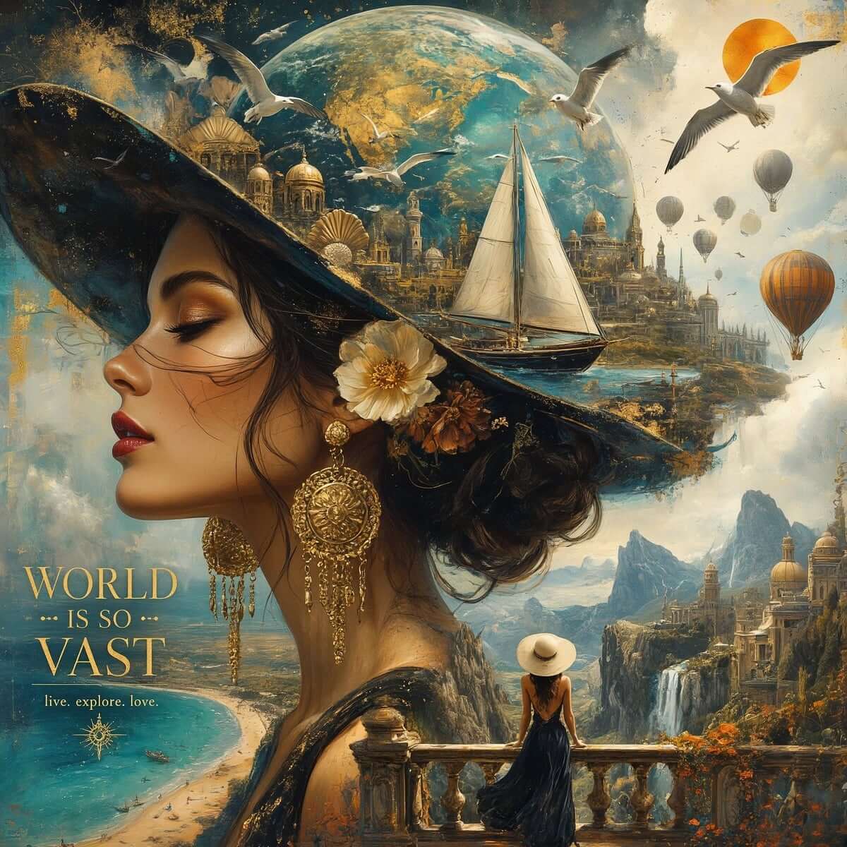 Surreal travel poster of a woman with a world of ships and cities in her hat