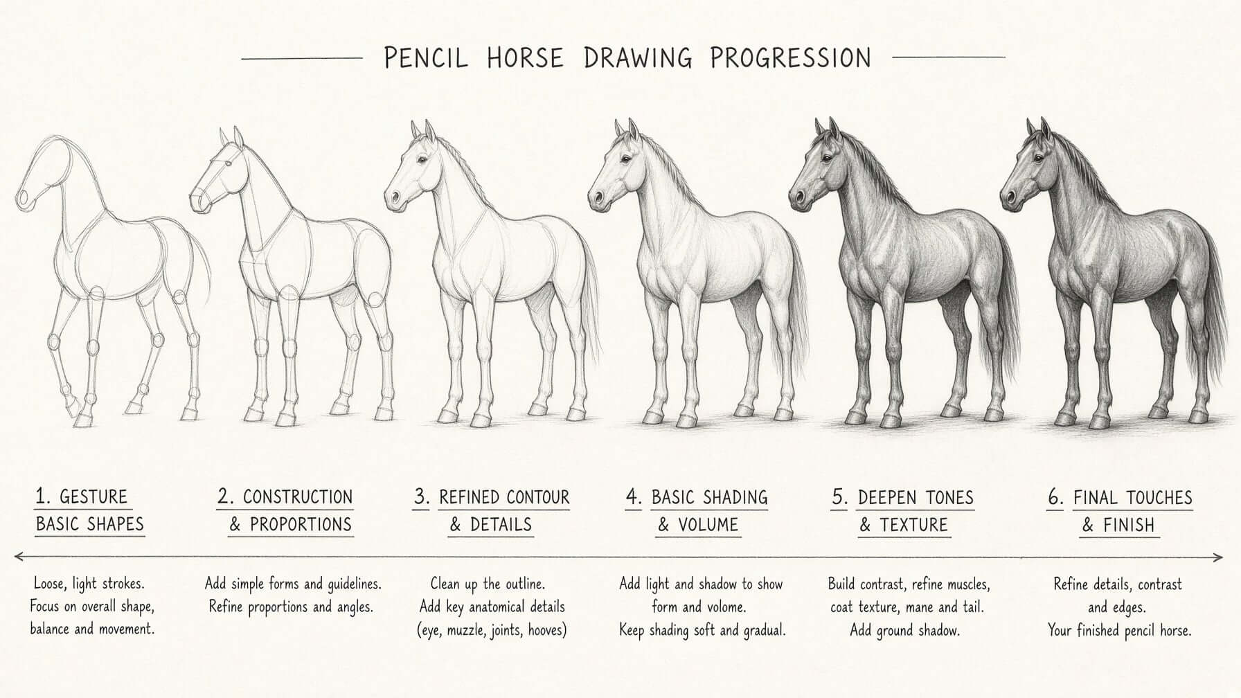 Step-by-step pencil horse drawing tutorial sheet