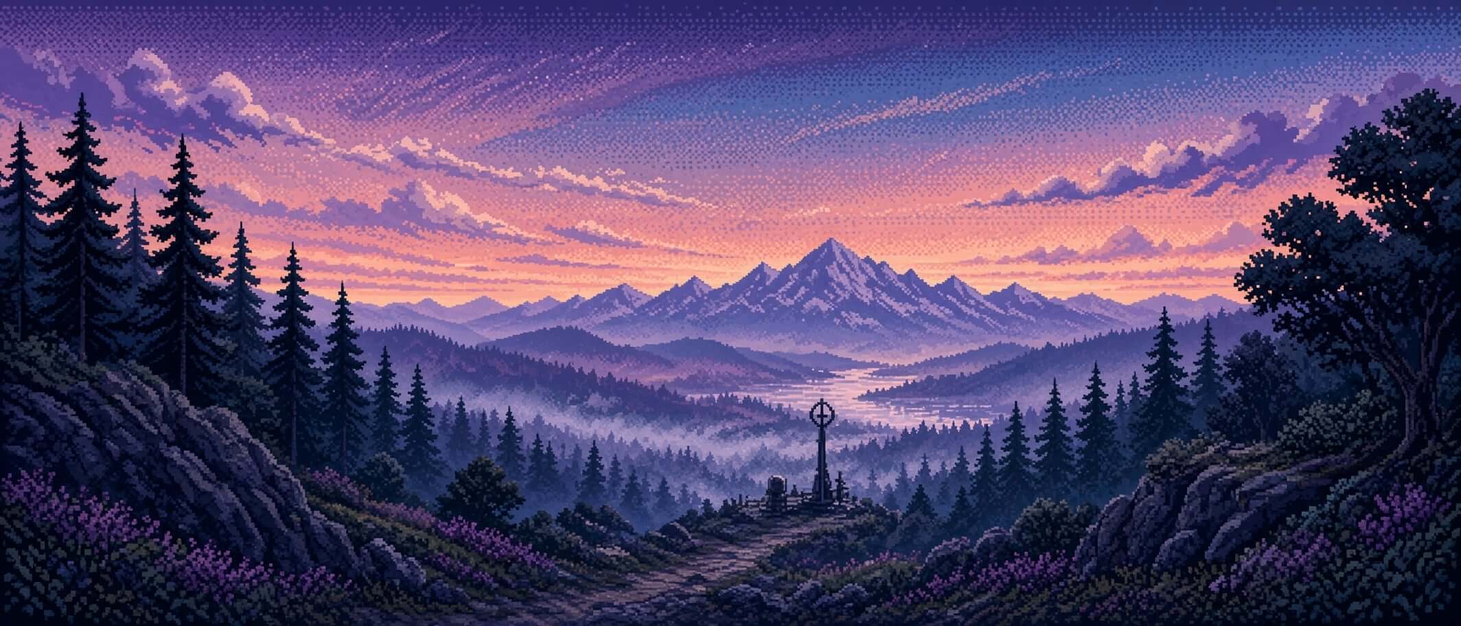 Pixel-art twilight valley with pine forests and a distant mountain