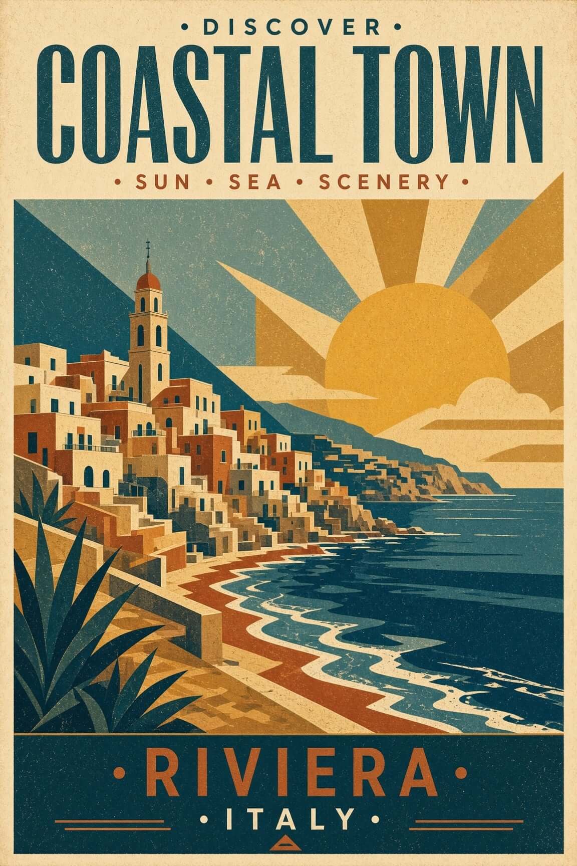 Vintage travel poster of an Italian Riviera coastal town