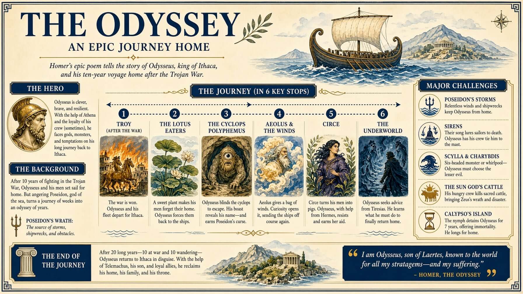 Illustrated Odyssey infographic mapping the voyage of Odysseus