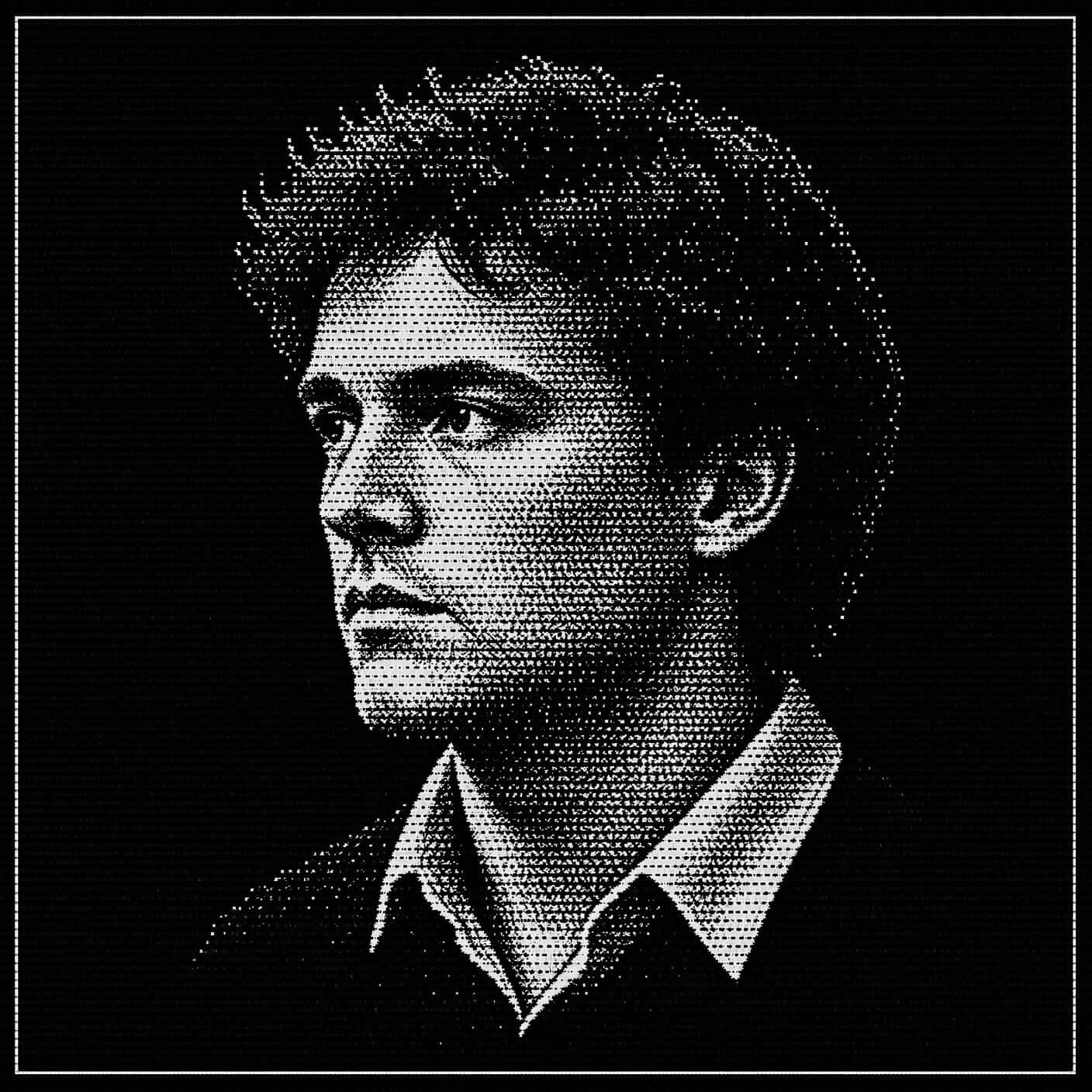 High-contrast halftone portrait of a young man rendered entirely in fine white dots on black
