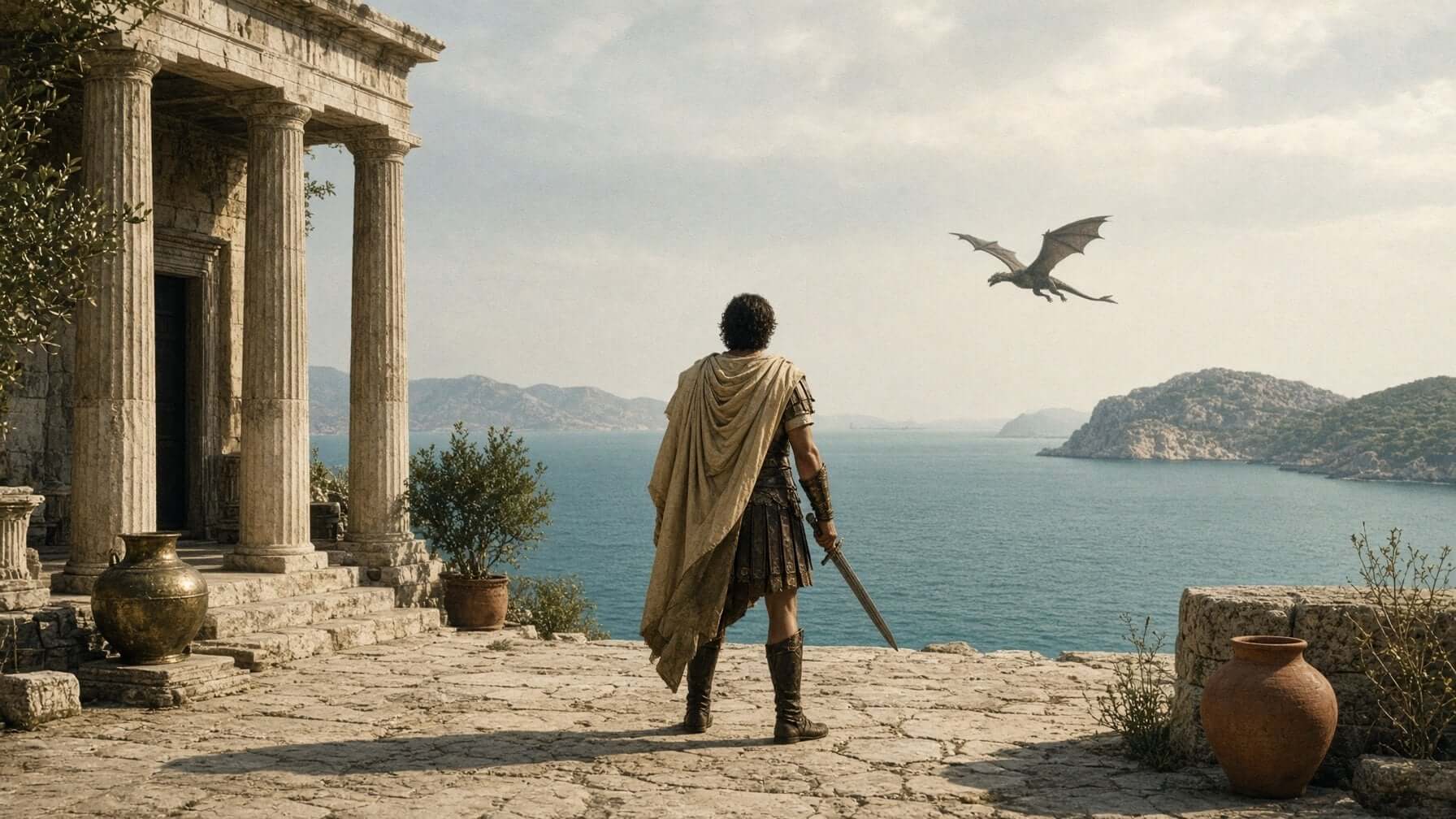 Caped swordsman on a clifftop temple terrace watching a dragon glide over an Aegean bay