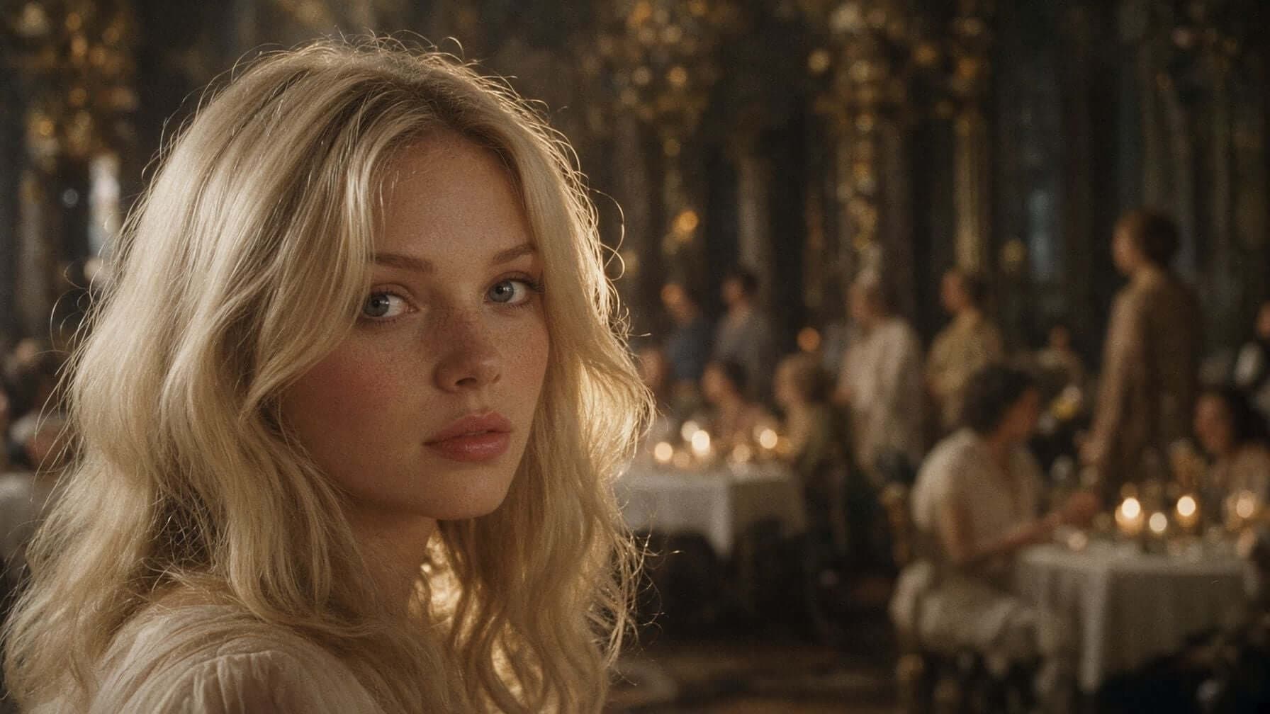 Cinematic close-up of a blonde woman glancing back across a candlelit ballroom