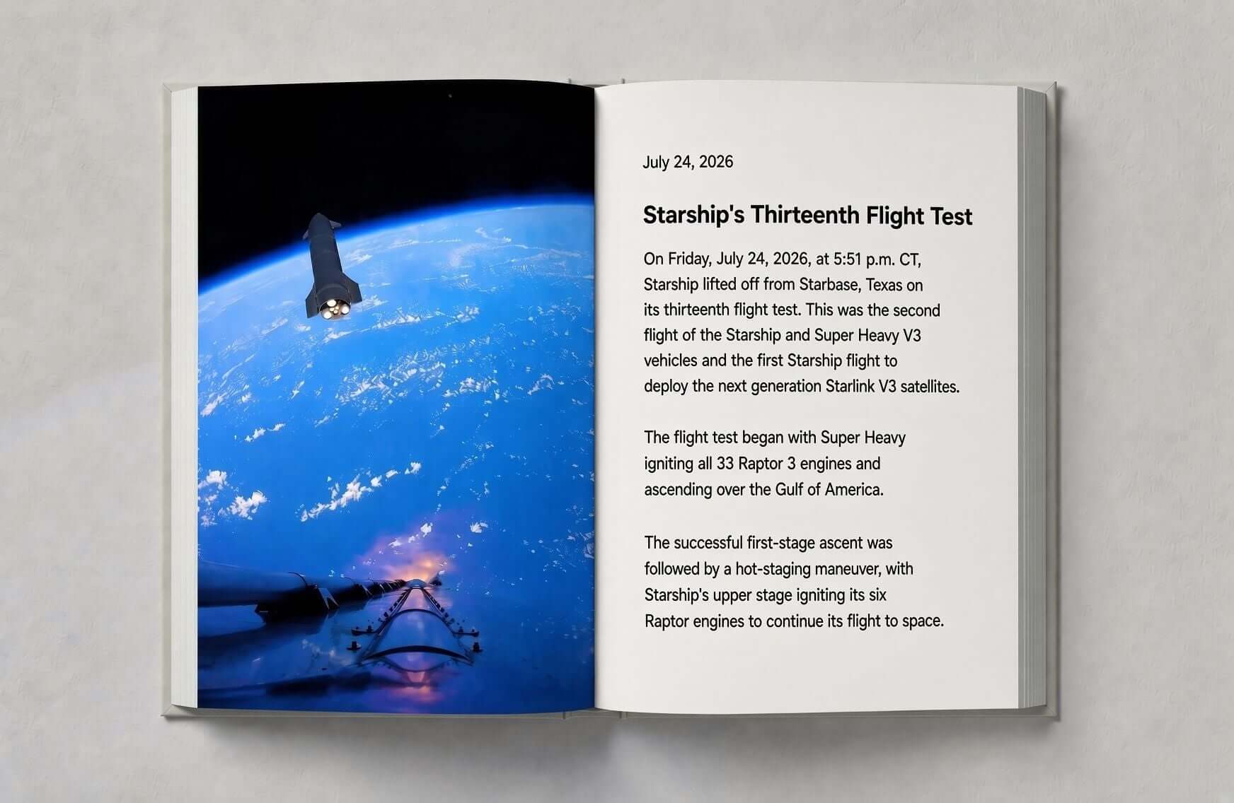 Open photo book spread on the thirteenth Starship flight test