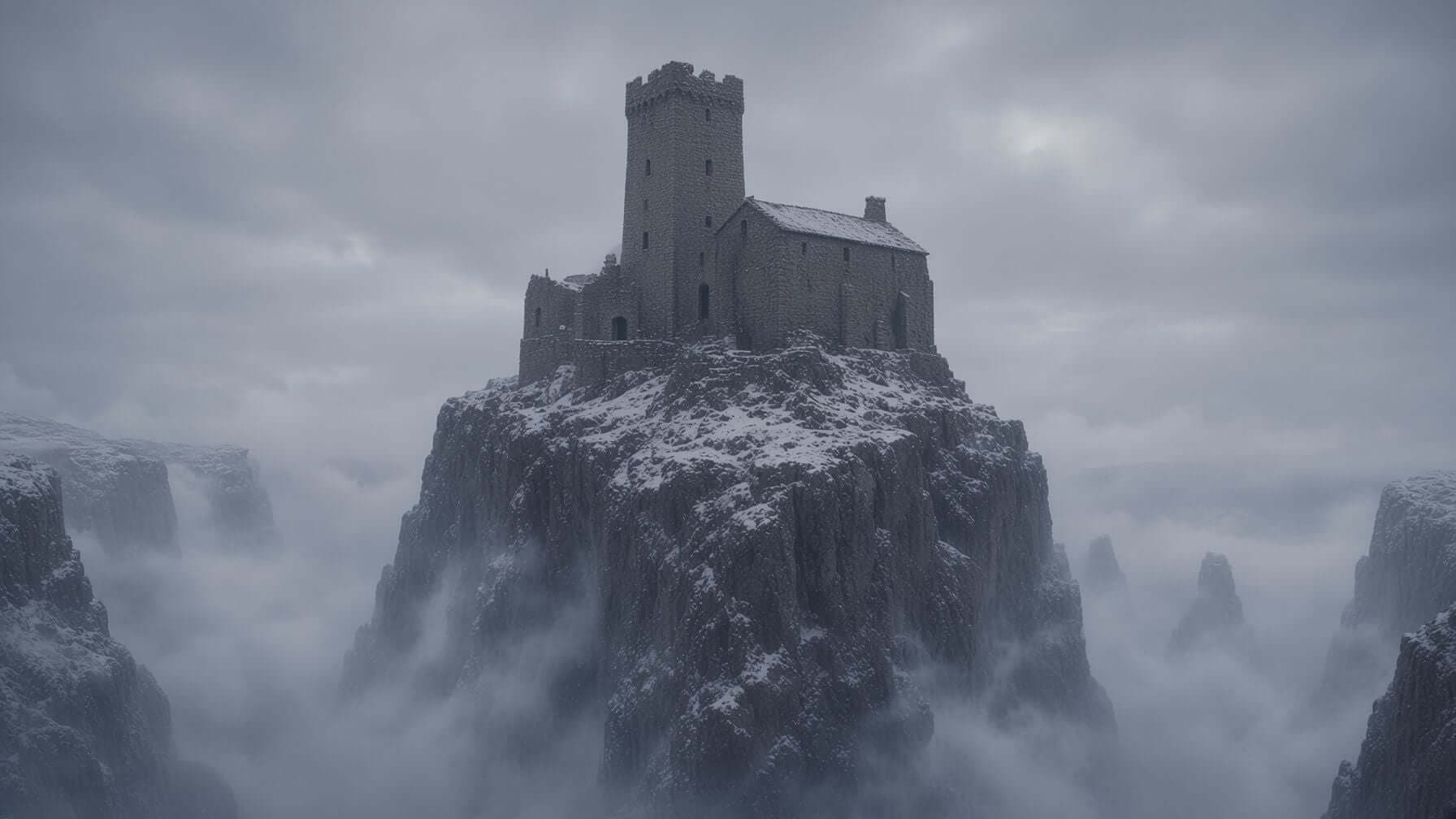 Fog-wrapped stone keep perched on a snowy clifftop spire