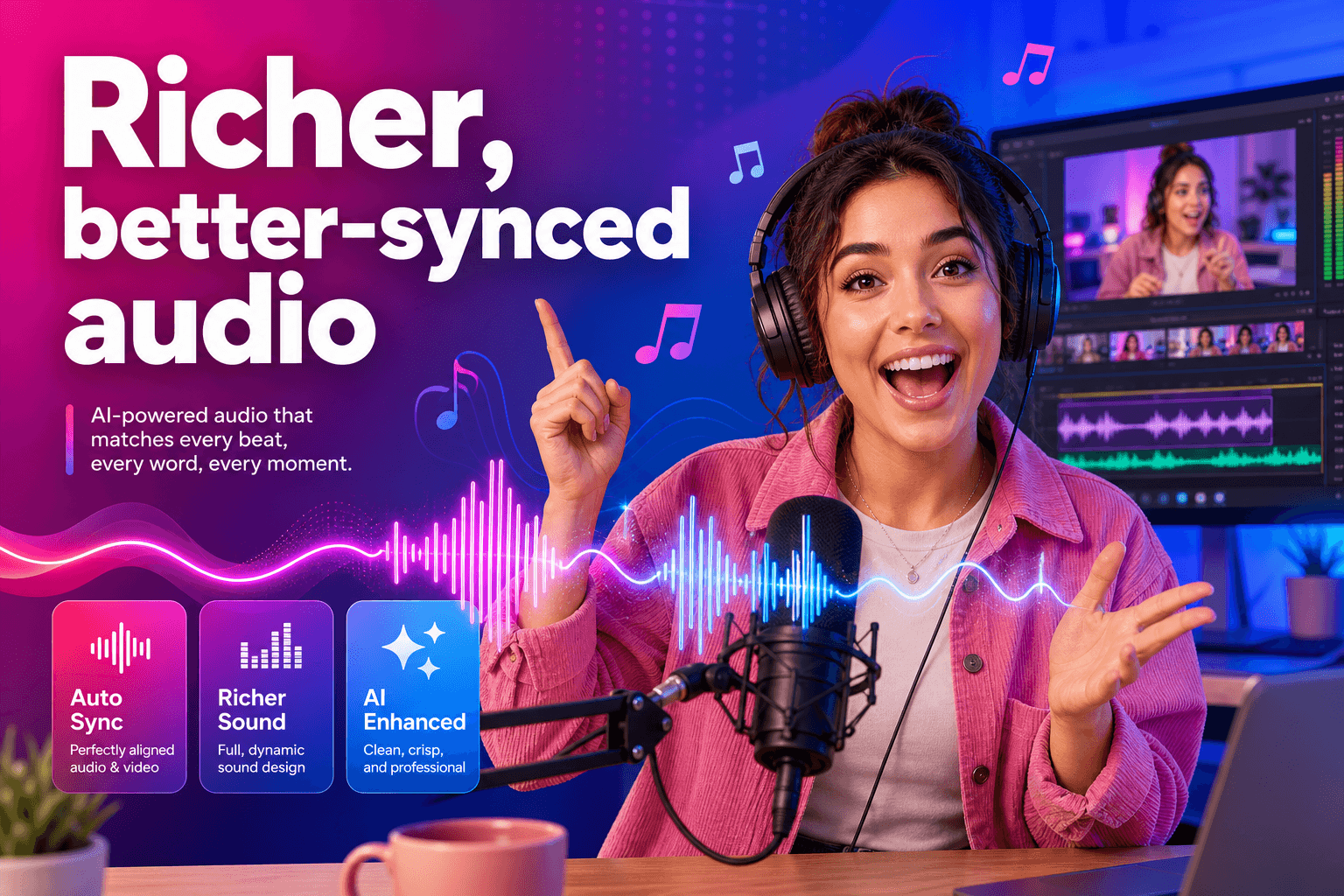 Content creator with synchronized audio waveforms in an AI video workflow