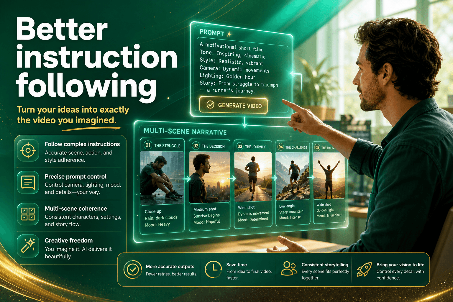 Filmmaker directing a multi-scene AI video from detailed prompt instructions