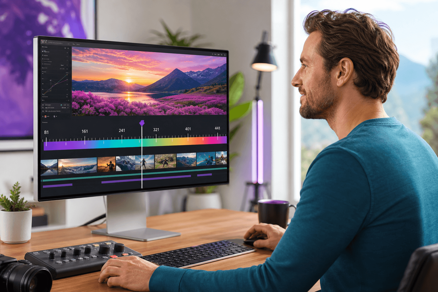 Filmmaker adjusting frame count on a bright monitor