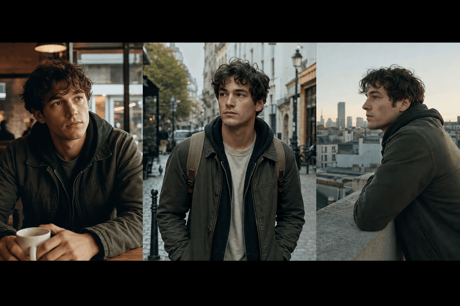 Same character appearing consistently across multiple cinematic scene frames