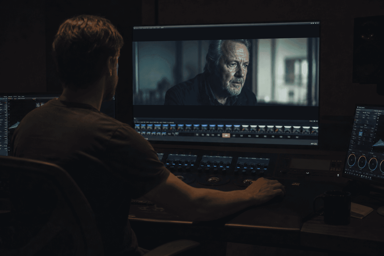 Video editor reviewing an export-ready cinematic clip in a post-production suite