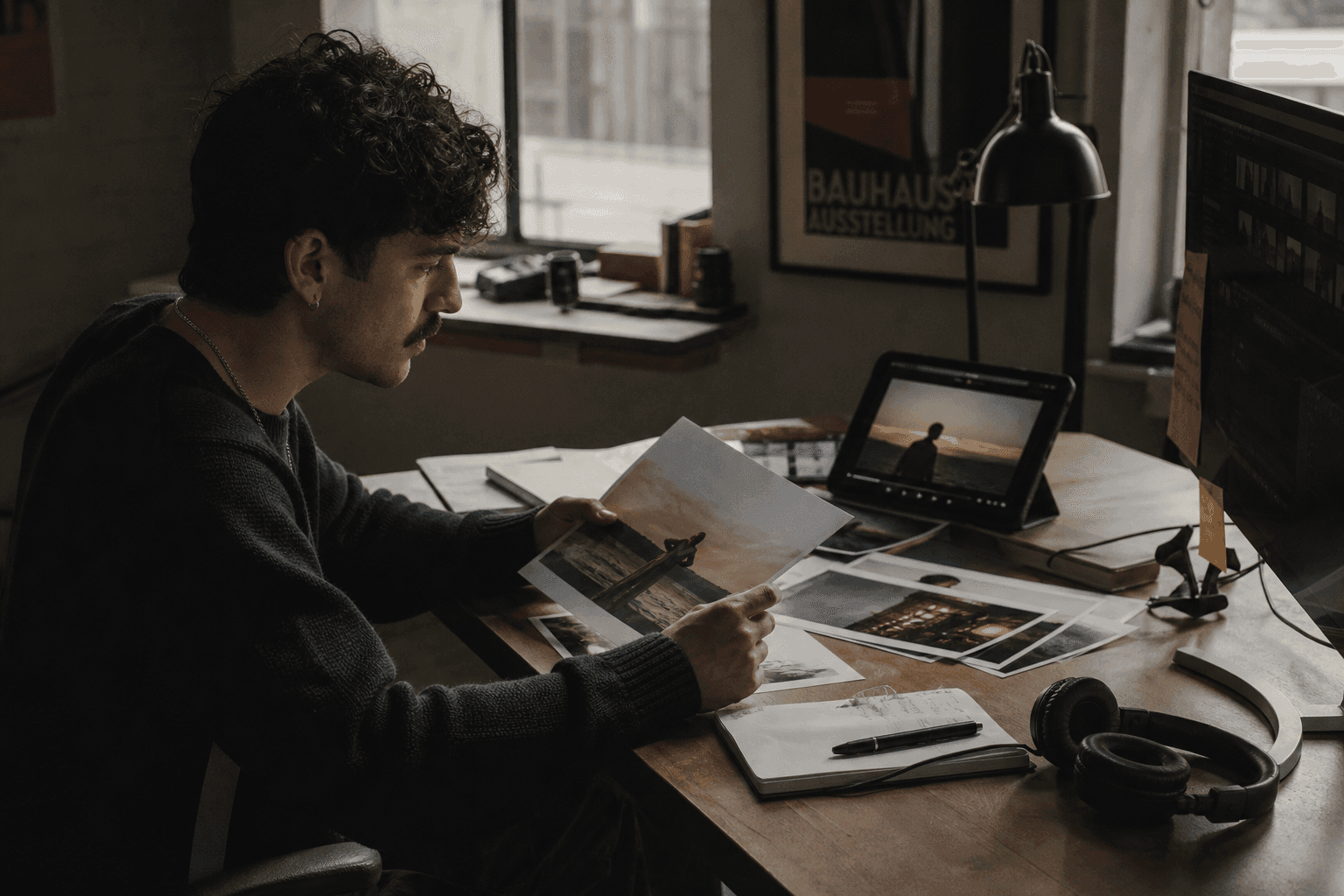 Creator reviewing image and video references at a cinematic creative workspace